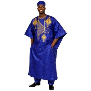 African Grand Boubou Men’s Pant Set With Kufi Hat